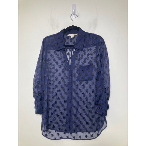 Diane Von Furstenberg Sheer Navy Long Sleeve Button Up Shirt Sz 6 - Picture 1 of 2